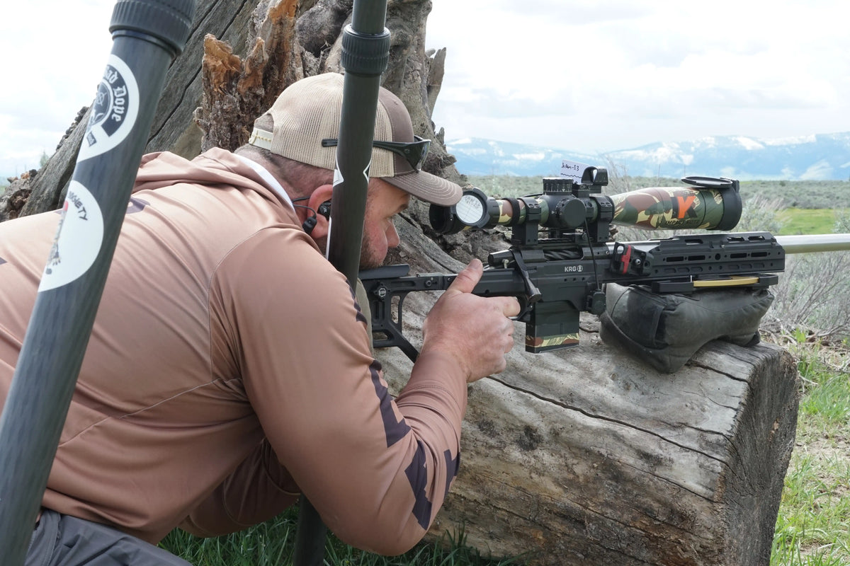 Bad Dope Society custom sun shirt, tan, personalized "Wohltman" print at a stump shoot precision rifle match