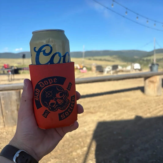 Bad Dope Society Beer Koozie — range humor gear for PRS shooters