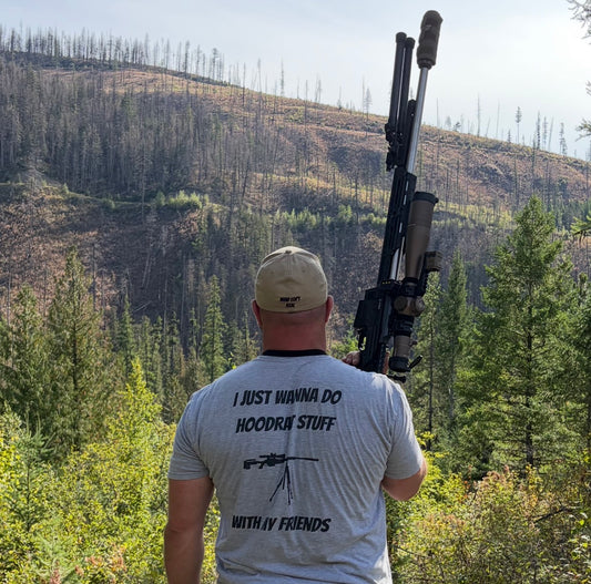 Bad Dope Society Hoodrat Stuff T-Shirt, grey, back view worn on a range day with a precision rifle