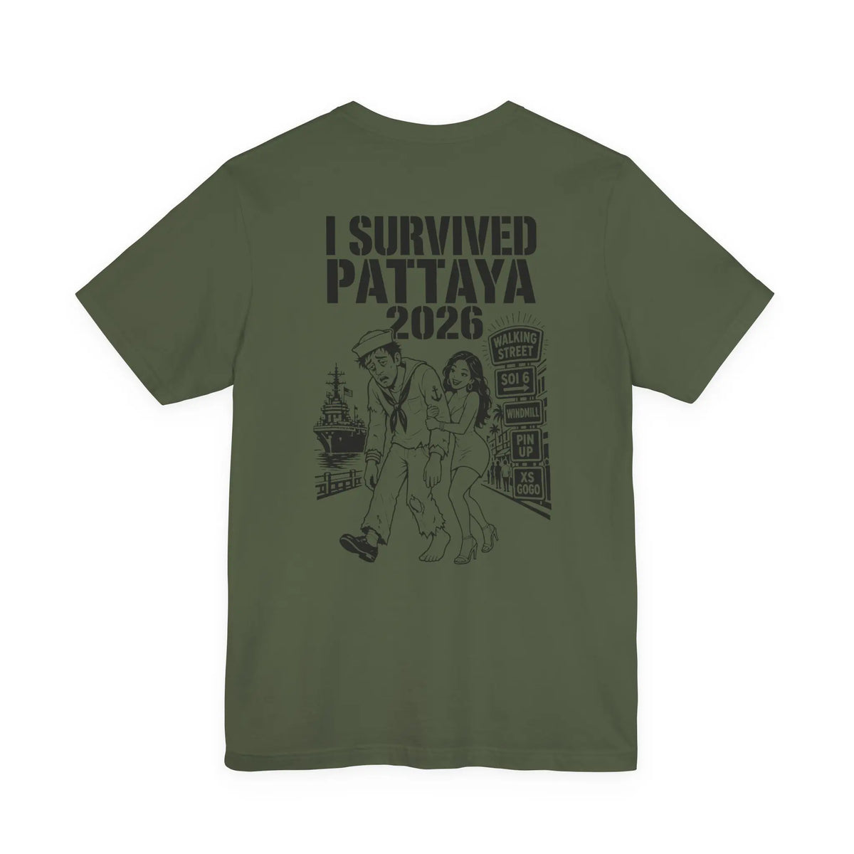 Bad Dope Society Pattaya 2026 T-Shirt, olive drab green, back view