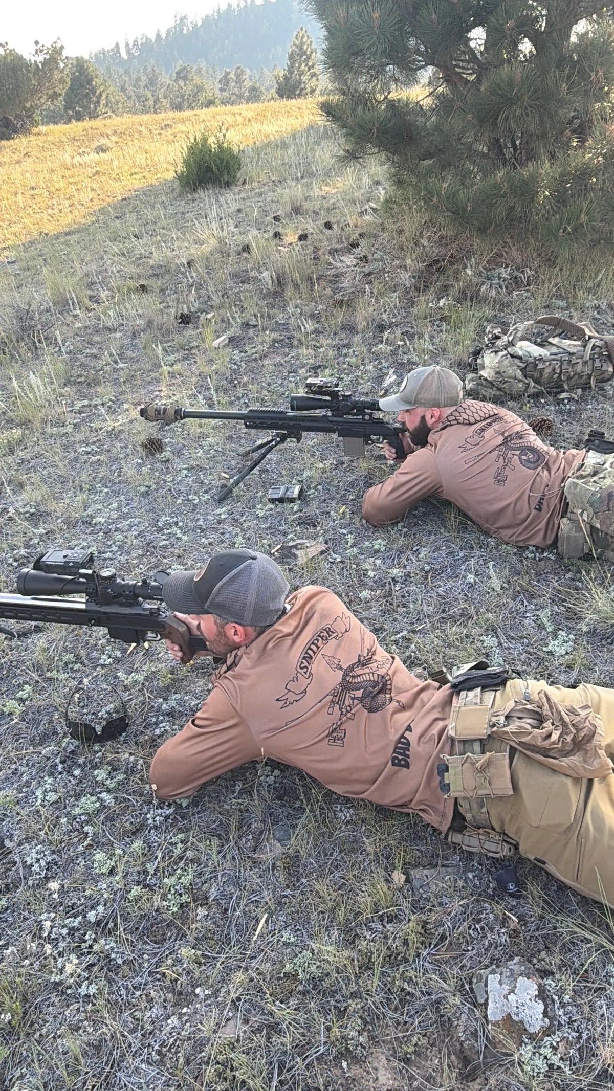 Bad Dope Society Sniper Sun Shirt, tan, two shooters prone with rifles
